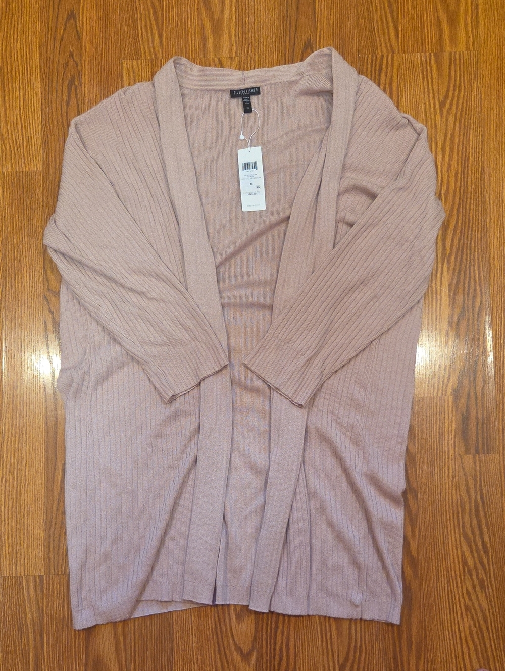 Eileen Fisher Dusty Rose Ribbed Open Front High Collar Cardigan F1QWD-K5204M